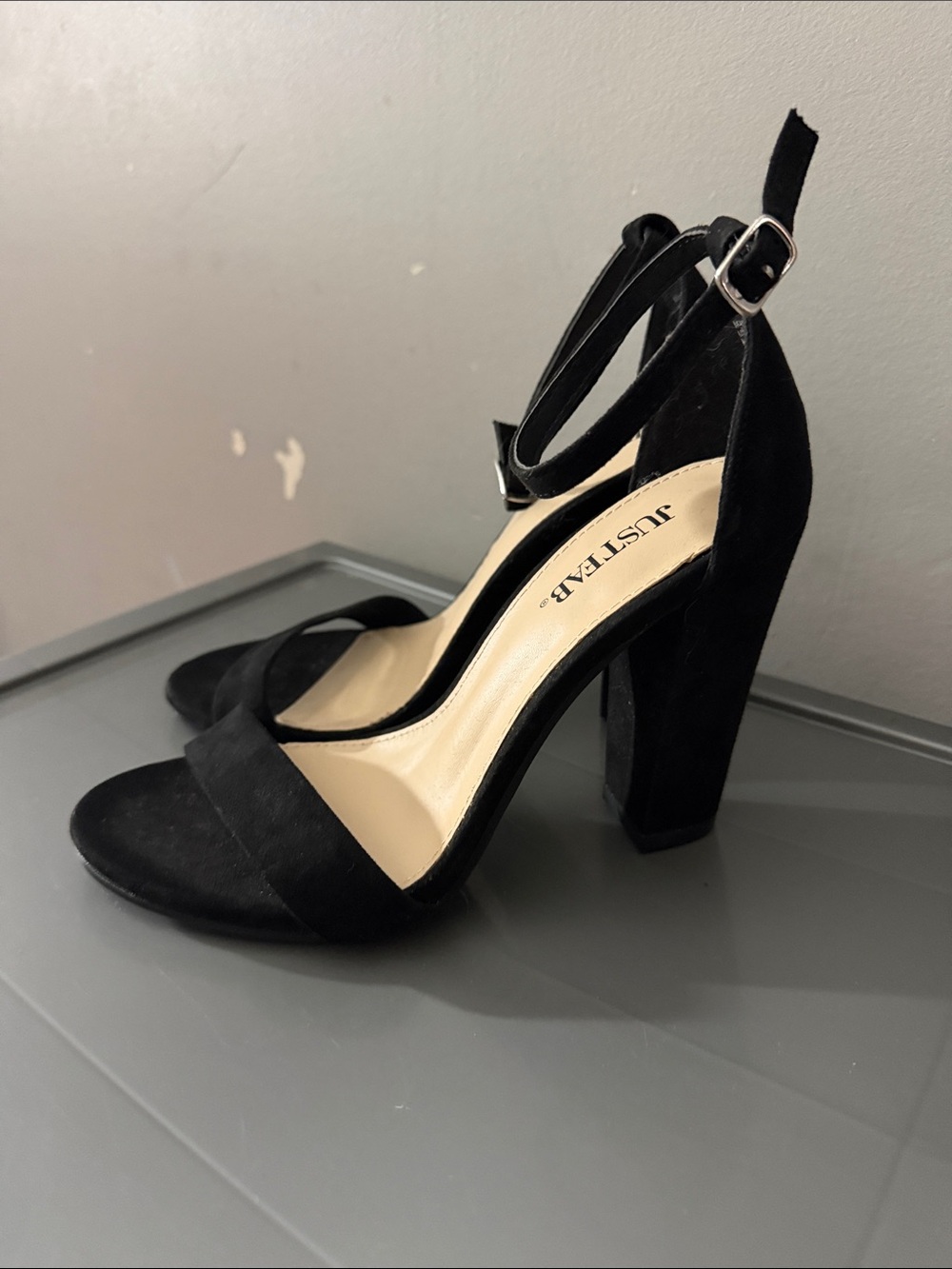 JustFab Velvet Black Open Toe ankle strap wide heel